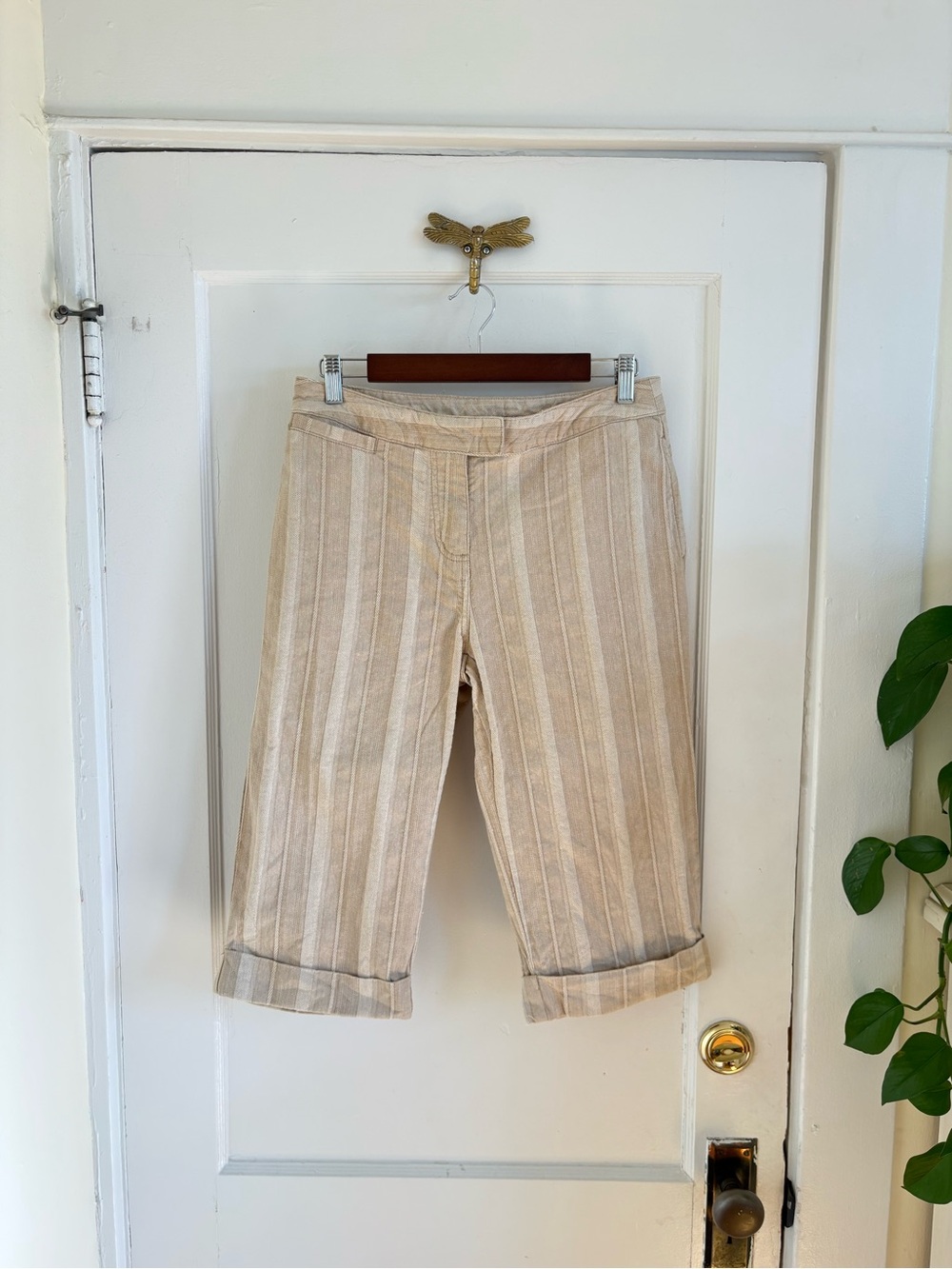 Vintage Beige Textured Striped‎ Neutral Cotton Cropped Capri Pants 6